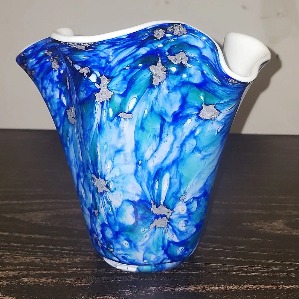 Alicja Poland Fluted Art Glass Handkerchief Vase Blue Silver